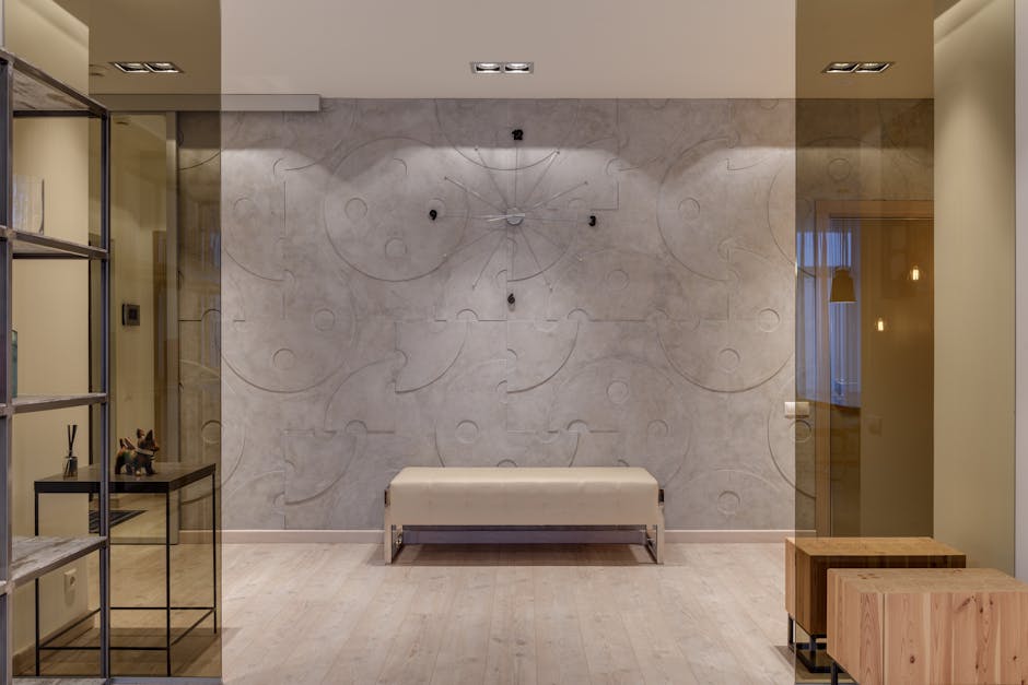 Interior of contemporary cozy hall with glass entrance